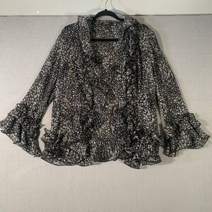 JERRY T  Flower Print Sheer Tunic  Hook And Eye Closure Ruffle Trim Med‎